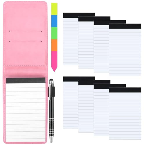 Meetory Mini bloc de notas A7, juego de 11 unidades, mini cuaderno con 8 bloques de repuesto, piel sintética, tapa negra con mini bolígrafo, bloc de notas de bolsillo para actividades al aire libre