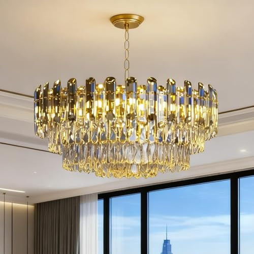 Vrygle Lampadario in cristallo dorato moderno : illuminazione da soffitto rotonda in metallo e cristallo, plafoniera sospesa per sala da pranzo, camera da letto, 10xE14, 60×148cm | Sospensione in cristallo con 3 temperature di colore 3000K/4000K/6000K per soggiorno, sala da pranzo