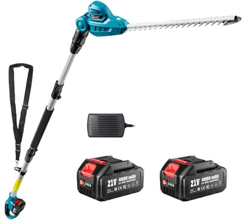 SEESII Teleskop Heckenschere Akku 2,6 m, Heckenschere Elektrisch mit 40 cm Doppelklinge, 2 * 4,0Ah Batterien, 135° drehbarer Schneidkopf, Ideal für Hohe Hecken und Dichte Sträucher im Garten