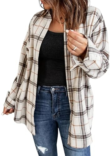 Fisoew Blouses à Manches Longues carrées en Flanelle pour Femmes, boutonnées, Vestes décontractées, Beige, L