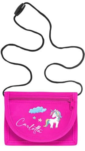 minimutz Geldbörse Kinder personalisiert, Kindergeldbeutel mit Name, Brustbeutel Einhorn Sterne Mädchen (pink)