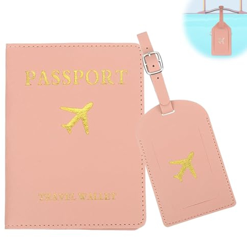 KENWOOD Reisepasshülle und Kofferanhänger Set, Kunstleder Passport Cover mit Koffer Anhänger, Hülle Reisepass mit RFID-Blocker für Reisepass Kreditkarten Personalausweise Reisedokumente（Rosa）