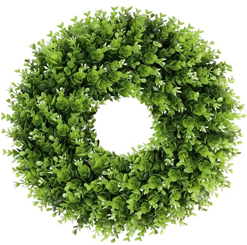 Vlorart 18'' Boxwood Wreaths for Front Door, Artificial Wreath with White Bud for Front Door Wall Window Decor, Summer Fall Greenery for Thanksgiving Christmas Decorations Indoor Outdoor