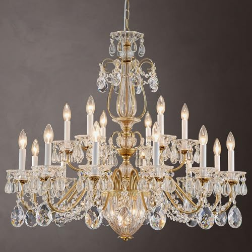 Vintage Crystal Chandelier 18-Lights Large Crystal Chandeliers for High Ceilings Brass Maria Theresa Chandelier Light Fixture for Living Room Hallway Hotel Banquet Hall Lobby Entrance Foyer Dia 37