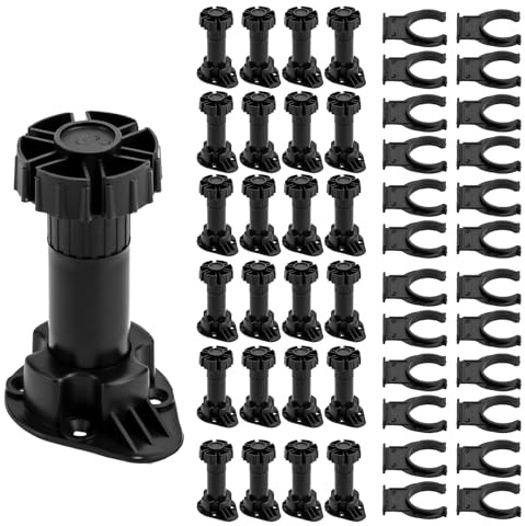 QKNOSM 24 Pcs Kitchen Cabinet Legs, Adjustable Furniture Cupboard Leg Black Plastic Cabinets Foot with Plinth Clips Adjustable Height Furniture Feet 100-140 mm