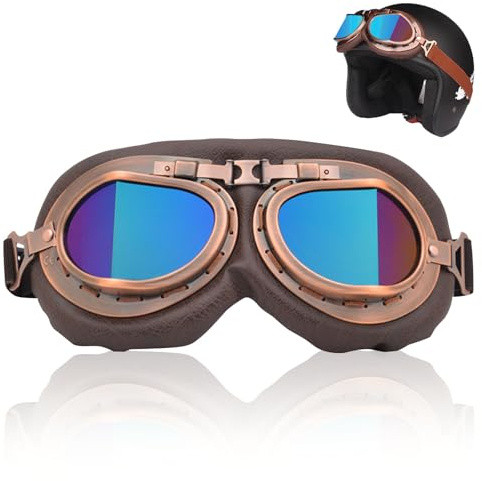 FOSDICK Gafas Moto Vintage, Gafas de Moto Retro, A prueba de Viento Arena Polvo Gafas Motocross Media Casco para Hombres Mujeres Piloto para Deportes al Aire Libre Racer ATV(Marrón+Lentes Multicolor)