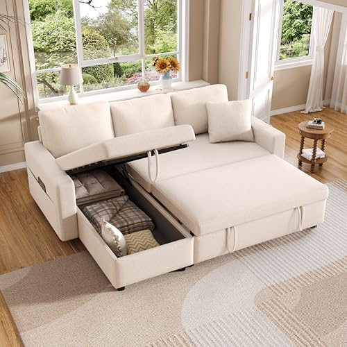 MOBETTRES Schlafsofa mit Schlaffunktion, L-förmiges Sofa, Sofa-Chaiselongue mit Stauraum, mit Taschenaufbewahrung, Wohnzimmer-Schlafsofa, Links und rechts austauschbare Chaiselongue