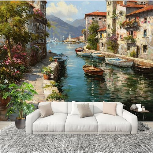 Papel Pintado Panorámico 250x175 cm Ciudad Costera De Estilo Europeo Personalizable Fotomurales No Tejido Póster Pared Decoración Verde Claro 3D Duradero y Resistente a las manchas Fotomurales