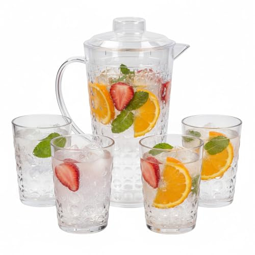 Taylor & Brown 2L Clear Plastic Pitcher with Lid, Water Juice Jug for Fridge, BPA-Free with 4 Cups Set for Iced Tea, Lemonade, Cocktails, Cold Beverage Carafe - Bubble Design