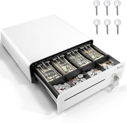 Tera Cash Register Drawer 13 inch: Auto Open with 6 Keys Heavy Duty 4 Bill 4 Coin Removable Cash Tray Media Slot 24V RJ12 Key-Lock Round Corner for POS System Small Businesses Retail 335R White