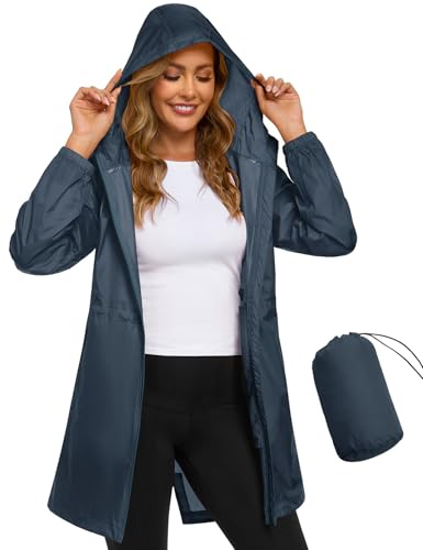 CMTOP Veste Imperméable Femme Vêtement de Pluie Légère et Pliable Poncho Pluie Coupe-vent à Capuche Manteaux Imperméables Fine Portable Trench-coat Décontracté Printemps Été(Bleu, XXL)