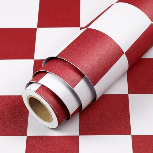 LACHEERY Papier Peint Rouge Blanc à Carreaux Mosaïque Vinyle Adhesif Mural Chambre 44.5cm x 200cm Style Français Papier Peint Adhesif Mural Geometrique Rouge Film Autocollant pour Salon Mur Boutique