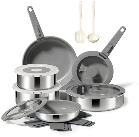Naturepan Set de Cuisson Complet 16 Pièces avec Poêle Antiadhésive en Diamant-Titane Céramique & Ensemble de Casseroles et Poêles 3 Couches en Acier Inoxydable avec Poignée Amovible, Compatible