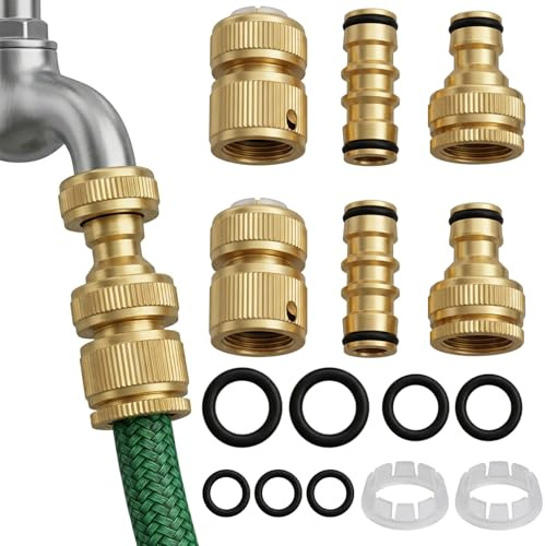 Brass Garden Hose Connector Kit, 6 Pack Hose Pipe Fittings with Double Male Connector, Quick Connect for 1/2 & 3/4 Inch Tap Adapter, Heavy Duty & Leakproof for Outdoor Taps