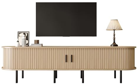 RAPRAP Meuble TV Avec Portes Coulissantes, 2 Compartiments Ouverts, Commode TV De 170 Cm En Bois, Matériau MDF, Pieds En Métal, Coins Arrondis, Meuble Bas Moderne,Natural