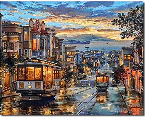 Fuumuui Pintura por Números Adultos y Niños Principiantes Incluye Pinceles y Pinturas Acrílicas 40 x 50 cm - Paisaje, Tranvía Callejero