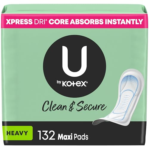 U by Kotex Clean & Secure Maxi Pads, Heavy Absorbency, 132 Count (3 Packs of 44) (Packaging May Vary)
