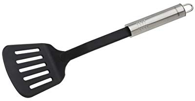 Fackelmann Schlitzwender 33 cm OVALGRIFF, praktischer Pfannenwender aus Kunststoff mit ergonomischem Griff aus Edelstahl, Küchenhelfer zum Kochen (Farbe: Silber, Schwarz), Menge: 1 Stück
