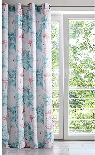 Eurofirany Vorhang Flamingo Blättermuster Vielfarbig Mehrfarbig 8 Ösen 140x250 cm 1 STK. Leicht Durchlässig Öko Stil Botanik Trend Modern Wohnzimmer Schlafzimmer
