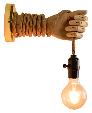 Vintage Hanfseil Wandleuchte, Kreative Holz Hand Design Wandlampe, Rustikal Wandleuchte für Design Kreative Holzhand mit Hanfseil Wandleuchte(Glühbirne ist nicht im Lieferumfang enthalten),B
