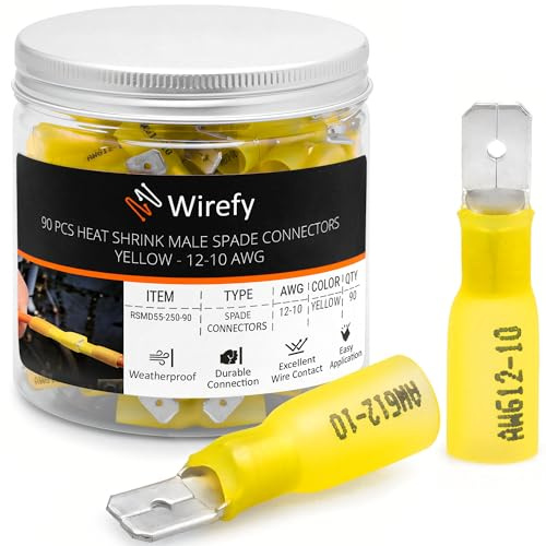 Wirefy 90 PZ Connettori Forcella Maschio - Kit Capicorda Termoretraibili - Terminali Elettrici - Giallo 4-6 mm²