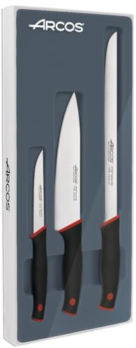 Arcos Dúo - Juego de Cuchillos de Cocina 3 piezas - Acero Inoxidable NITRUM - Mango Polipropileno Color negro y rojo