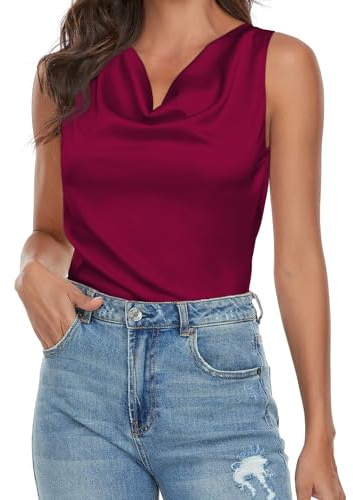Wantschun Damen Silk Satin Wasserfallausschnitt Tank Top Bluse Vest Hemd Shirt Weinrot, M