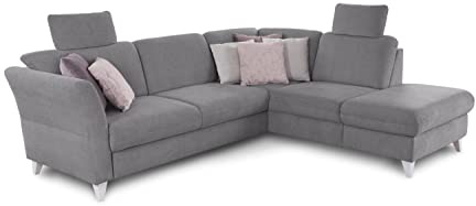 CAVADORE Schlafsofa Trend / Skandinavisches Ecksofa mit Federkern, Bettfunktion, Stauraum in der Ottomane und 2 Kopfstützen / 249 x 86 x 162 / Chenille, Grau