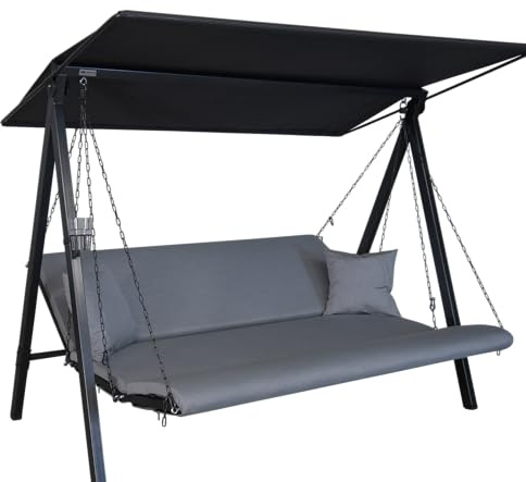 ANGERER Hollywoodschaukel Lounge Zip – Schaukel zum Sitzen, Liegen & Entspannen, inkl. Bett-Funktion, einfache Montage, Made in Germany, wetterfeste Kissen, Grau