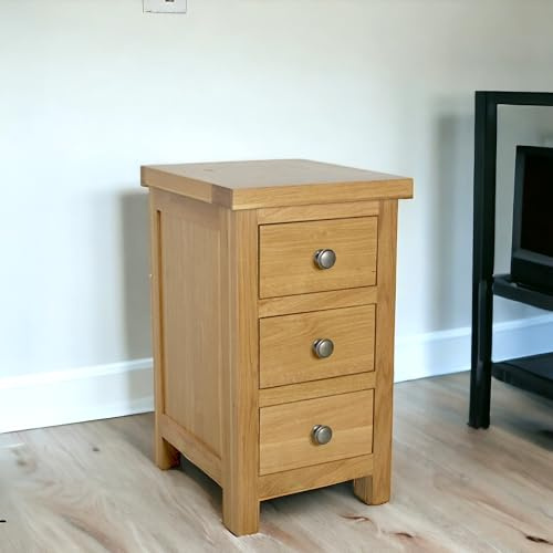 GROF GROFurniture Oak Bedside Table - Slim 3 Drawer Wooden Nightstands, Fully Assembled ready to use for Bedroom, Living room and study room