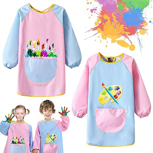 ATSGJLZN 2Pcs Malschürze Kinder, Wasserdicht mit Ärmeln Malkittel Kinder 7-12 Jahre Junge und Mädchen Tuschkittel für Malen & Basteln Backen Kochen Rosa