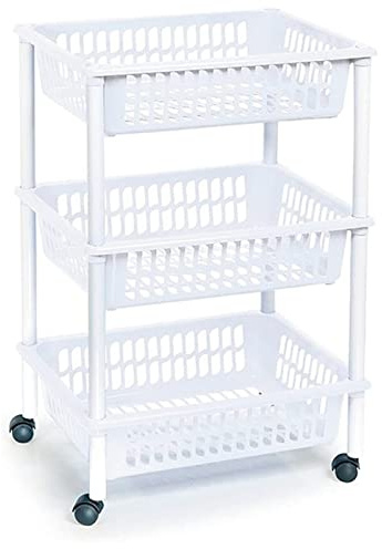 Acan Tradineur - Carrito verdulero Modelo PLFT de plástico con 3 Niveles y Ruedas, cestas apilables portaobjetos, Frutas, Verduras (Blanco - 61,5 x 40 x 30 cm)