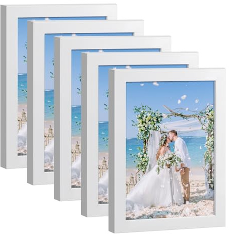 HappyHapi 4x6 Picture Frame Set of 5, Wall or Tabletop Display, White