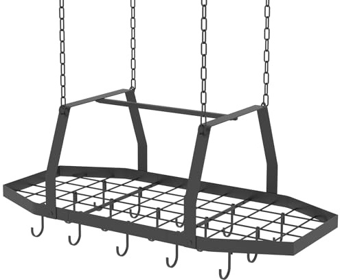 TICKCACY Estante hexagonal para colgar ollas de techo con 15 ganchos | Estante organizador de metal para colgar ollas y sartenes de 34 pulgadas, para utensilios de cocina