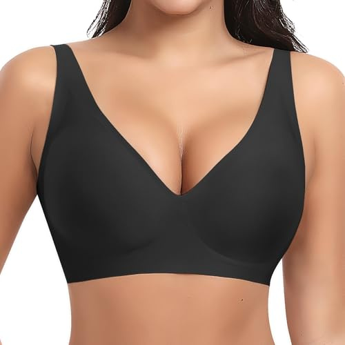 Ganado Soutien Gorge sans Armature Femme Brassière Push up Col en V Profond Bralette Classiques Brassiere sans Coutures Coton (Noir,L)