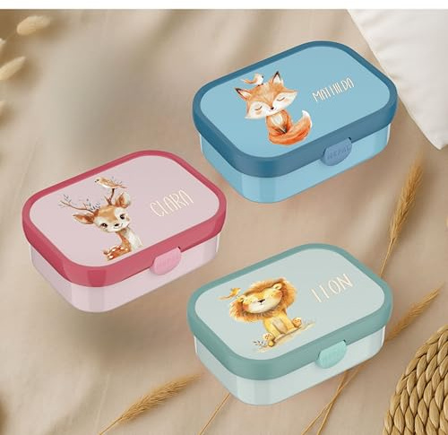 wolga-kreativ Mepal Campus Brotdose Kinder mit Fächern - Personalisierte Lunchbox mit Namen für Schule, Kindergarten und Einschulung - Motiv Tiere Löwe Fuchs Hase Bär Affe