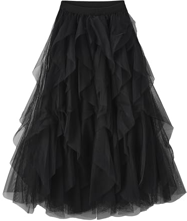 Kimily-UK Femmes Tulle Jupe Stretch Bandoulière Longue Multicouche Plissée Maille Moelleuse A-Ligne Princesse Élégante Vintage Party Maxi