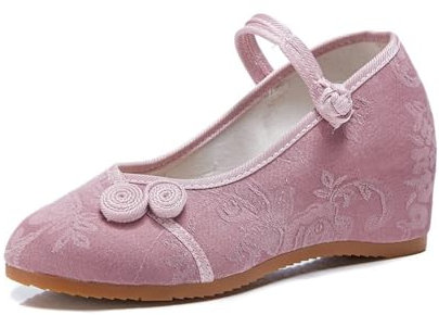 xinrishe Women's Exquisite Jacquard Embroidered Shoes Chinese Style Old Beijing Cloth Shoes Comfort Pointed Toe Hidden High Heel Wedge Shoes Casual Ankle Strap Shoes(Pink,6.5 UK)