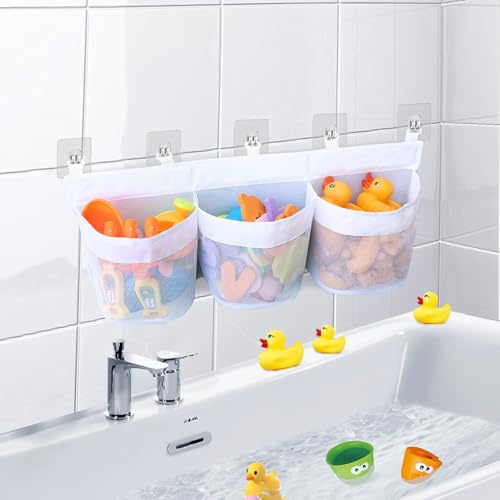 WEXFFU Badewannenspielzeug Aufbewahrung - Badespielzeug Aufbewahrung,Spielzeugnetz Badewanne,Badewannenspielzeug Hängeorganizer Bad Organizer mit 3 horizontale Taschen&5 Starke Selbstklebende Haken