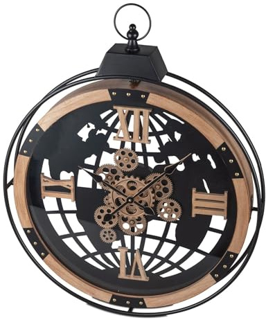 formano XXL Wanduhr Weltkarte 82 cm Metall/Holz Uhr mit beweglichen Zahnrädern Modern Wanddeko Batteriebetrieben Wohnzimmer Schlafzimmer Büro Quarzwerk Analog