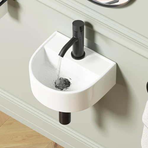 Wall Hung Bathroom Vessel Sink, QISHKA 12.5 X 11.5 Semi-Oval Floating Ceramic Wash Hand Basin White Wall Mount Vanity Sink for Small Bathroom and Small Cloakroom