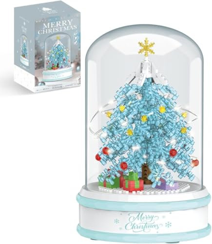 DelightCube Weihnachtsbaum DIY Bausteine Spieluhr Mit Staubdichter Kuppel,Weihnachten Spieluhr Bausteine Bausatz, 276 Klemmbausteine Drehbare Weihnachtsbaum Modellbausatz (Blue)