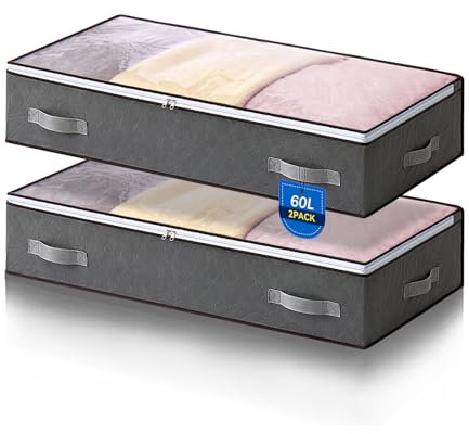 AIOR 2PCS 60L Underbed Storage Bags with Viewing Window, Foldable Container Closet Organizer Bags for Clothes, Comforters, Blankets, Bedding, 80 x 50 x 15 cm