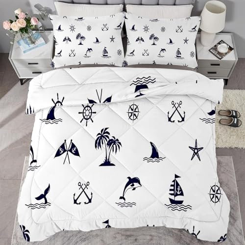 buyluhn Bettdecke 135x200 Anker und Ruder, 4 Jahreszeiten Bettdecken Delphin Ohne Bezug Nutzbar, Kinder Steppdecke Ganzjahresdecke, Waschbar Bettzeug mit 2 Kissenbezug für Sommer Winter