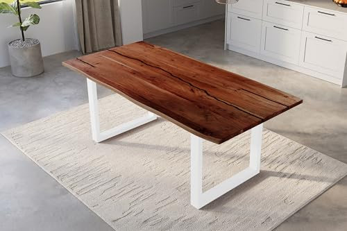 SAM Baumkantentisch 200 x 100 cm Polly, Epoxidharz-Adern in Schwarz, Akazienholz massiv + nussbaumfarben, Esstisch mit U-Eisengestell Weiß, Tischplatte 26 mm, Esszimmertisch mit echter Baumkante