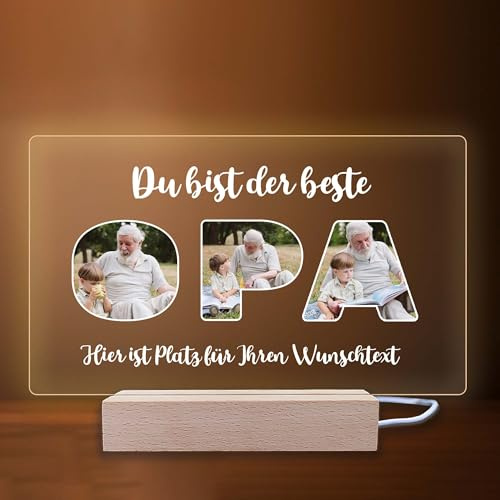 INDIGOS UG - LED Lampe personalisiert - Opa - Du bist der beste - Bild mit Wunschtext - Wunschname - personalisiertes Nachtlicht - Geschenk, Geburtstag, Weihnachten - optionale Lampe warmweiß
