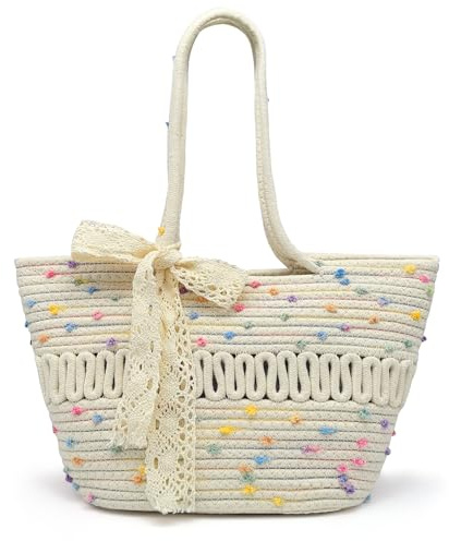 Pahajim Bolso Tote Bag Bolso de Mano de Mujer Bolsos Trenzado con Cuerda de Algodón Bolsos Bandolera con Cremallera para Verano Playa Vacaciones