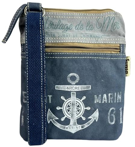 Sunsa Maritim Anker Design Umhängetasche. Vegane Canvas Tasche. Blau/grau | Kleine Schultertasche für Meer Liebhaber. Crossbody Bag mit verstellbaren Taschengurt & genug platz für kleinigkeit