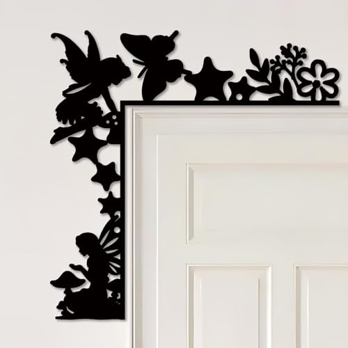 CREATCABIN Feen Türrahmenaufsatz Türecke Metall Wandkunst Schwarzes Eisen Schmetterling Stern Blume Engel Feen Wandschild Fensteraufsatz Rahmen Silhouette Ornament Für Haus Eckdekor 25x25cm