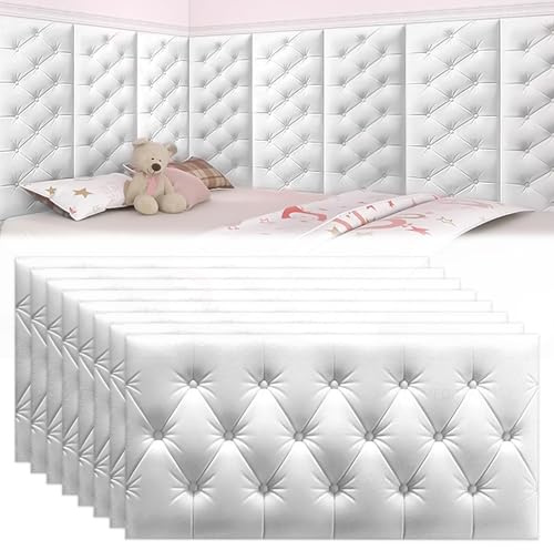 GHIBFBT 3D Anti Collision Wall Padding, 8PCS 11mm Thickness Self Adhesive Nursery Decor Padded Cushions, Decorative PVC Foam Bed Headboard Panels for Kids, Bedroom (White)